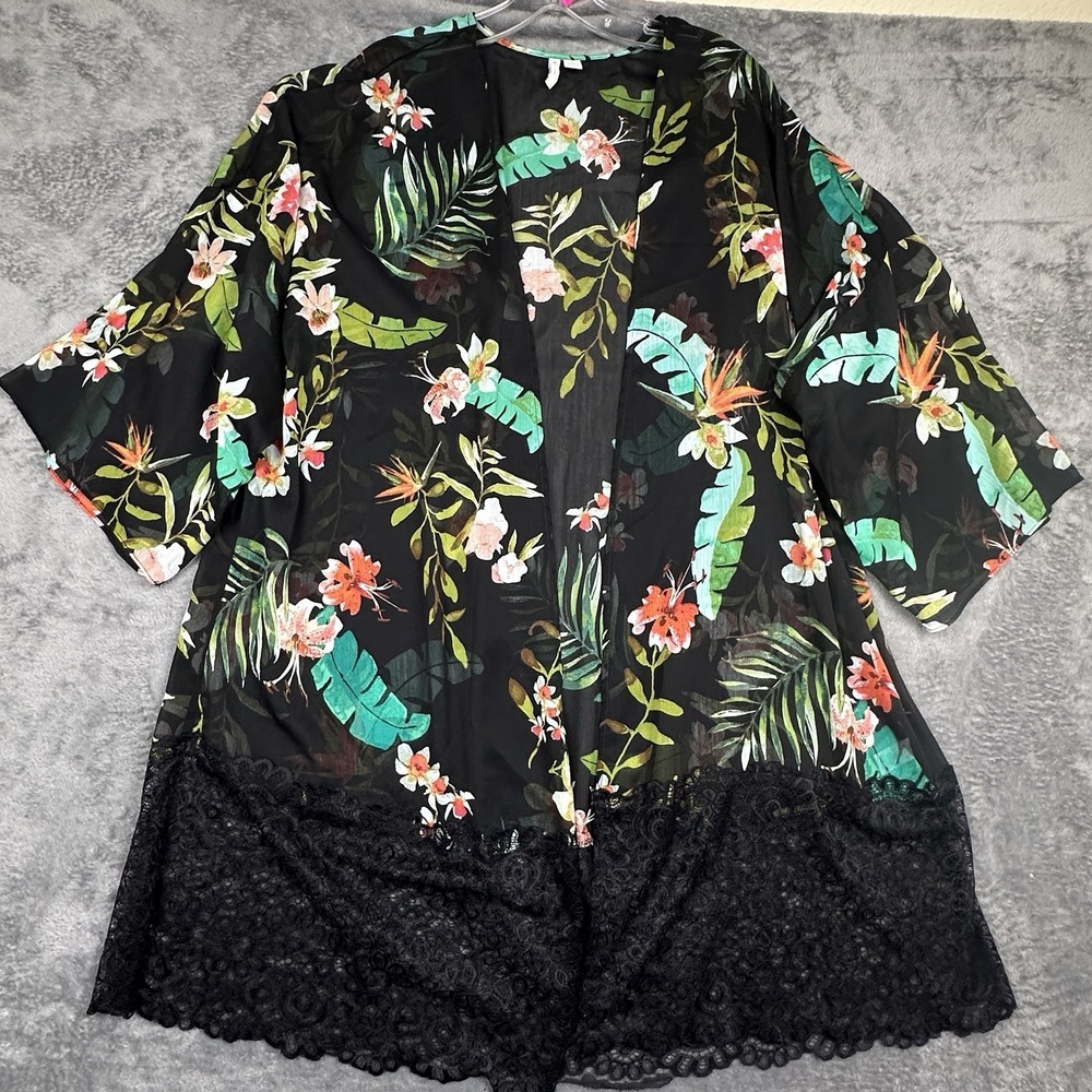 C Est. 1946 Kimono Large Open Front Green Lace Tropical Floral Print Lace Border
